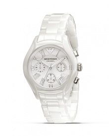 A sophisticated timekeeper from Armani, this watch features a white-on-white schema and a powerful analog display. A sophisticated timekeeper from Armani, this watch features a white-on-white schema and a powerful analog display.