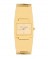 Layer on drama with this bold golden watch by Betsey Johnson. Wide gold tone stainless steel bangle bracelet and rectangular case. Champagne dial with heart pattern inlay features applied gold tone numerals at twelve, three, six and nine o'clock, gold tone hour and minute hands and signature fuchsia second hand. Quartz movement. Water resistant to 30 meters. Two-year limited warranty.