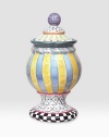 The center of attention whether filled with candy, potpourri or nothing at all in handcrafted ceramic, individually handpainted with delightfully mismatched patterns and colors. For an especially one-of-a kind touch, each piece bears the hand-placed stamps of the artisans who created it. Dishwasher- and microwave-safe 12-ounce capacity 14H X 8 diam. Made in USA