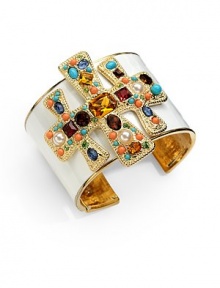 THE LOOKEnamel cuff designCross detailsGlass stone accentsPartial hinge closure22k goldplatedTHE MEASUREMENTDiameter, about 2¼Width, about 2Accent width, about 2½Opening, about 1ORIGINImported