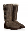 Stylishly distressed and undeniably cozy, these vintage-inspired shearling boots from UGG Australia lend comfort and style to your cold weather look - Round toe, rugged rubber sole, exposed seams, side button detail, contrasting back counter suede panel, cozy shearling lining, weathered finish - Knee height - Pair with skinny jeans, an oversized cashmere sweater, and a down jacket or wool cape