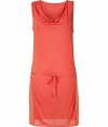 Chic sleeveless dress in fine, lightweight viscose - Colorblocked front and back in two vibrant shades of coral - Tank-style bodice with elegant, draped cowl neck - Belted waist with ribbon tie - Grommet detail at sides extends from just beneath the arm to hem - Casually cool and polished, works for both day and evening - Pair with sandals, wedges or open toe ankle booties