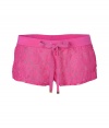 Seductive and sweet with their bright magenta lace, Juicy Coutures figure-hugging shorts are a fun choice for seriously sultry lounging - Solid stretch waistband, tonal grosgrain drawstring with gold-toned logo engraved aglets, logo charm - Form-fitting, extra short - Wear with the matching lace tank and a robe for cool weather lounging
