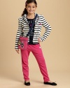 A single-breasted silhouette with attached hood, nautical-inspired contrasting stripes and lots of pockets for a fun, casual look.Attached hoodNotch lapelLong sleeves with button cuffsButton frontThree front patch pockets87% cotton/13% polyesterMachine washImported