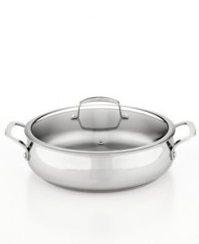 Prep quick, dish it out & clean up easily with this stainless steel dishwasher-safe kitchen essential. With an aluminum encapsulated impact-bonded base, this sauteuse heats up fast & evenly with a bell-shaped body that enhances moisture circulation for tender, flavor-rich results. Limited lifetime warranty. Prep quick, dish it out & clean up easily with this stainless steel dishwasher-safe kitchen essential. With an aluminum encapsulated impact-bonded base, this sauteuse heats up fast & evenly with a bell-shaped body that enhances moisture circulation for tender, flavor-rich results. Limited lifetime warranty.