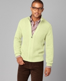 Your style will be zipped up in this Tommy Hilfiger sweater that pays attention to detail with elements like red, whit and blue stripes inside the collar.