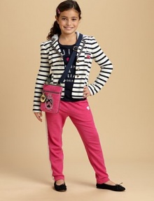 A single-breasted silhouette with attached hood, nautical-inspired contrasting stripes and lots of pockets for a fun, casual look.Attached hoodNotch lapelLong sleeves with button cuffsButton frontThree front patch pockets87% cotton/13% polyesterMachine washImported A single-breasted silhouette with attached hood, nautical-inspired contrasting stripes and lots of pockets for a fun, casual look.Attached hoodNotch lapelLong sleeves with button cuffsButton frontThree front patch pockets87% cotton/13% polyesterMachine washImported