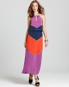 Rock the color-block trend to bohemian-cool perfection in this BCBGMAXAZRIA maxi dress, rendered in rich silk.