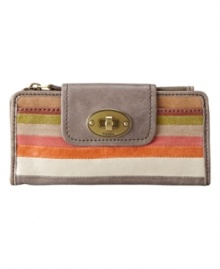 Subtle stripes add the perfect amount of understated detail to this pretty design by Fossil. A neutral color palate and aged goldtone hardware add charming vintage-inspired touches. Subtle stripes add the perfect amount of understated detail to this pretty design by Fossil. A neutral color palate and aged goldtone hardware add charming vintage-inspired touches.