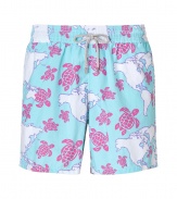 Stylish trunks  by St. Tropez cult label Vilebrequin - Sky blue with summery turtle print - Made off fast drying polyamid - Hip boxer cut with elastic band and tunnel drawstring - Straight moderate wide legs, not too short, not too long - Mega cool and comfortable - Perfect companion for the beach and the pool