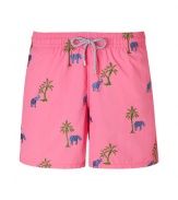 Make a stylish splash this summer with cult St. Tropez label Vilebrequins pink swim trunks - Fast-drying, lightweight synthetic fiber material - Chic, palm tree and elephant embroidery in eye-catching shades of green and blue - Classic boxer cut with elastic waist and drawstring tie - Moderately slim and straight through the leg - Cool and comfortable, perfect for the beach or pool