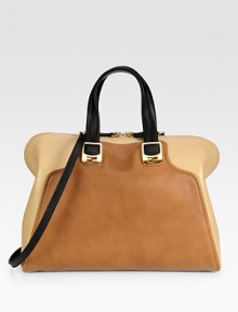An impeccably tailored silhouette of supple colorblock leather, finished with dual straps for versatility.Double top handles, 5½ dropDetachable adjustable shoulder strap, 18-24½ dropTop zip closureProtective metal feetOne inside zip pocketTwo inside open pocketsCotton lining15W X 11H X 6½DMade in Italy An impeccably tailored silhouette of supple colorblock leather, finished with dual straps for versatility.Double top handles, 5½ dropDetachable adjustable shoulder strap, 18-24½ dropTop zip closureProtective metal feetOne inside zip pocketTwo inside open pocketsCotton lining15W X 11H X 6½DMade in Italy