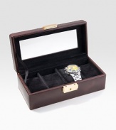 A handmade, all-leather box features four watch pillows for safe storage and protection of your watches. Includes a lock, key and removable tray8¾W X 1¼H X 3DImported