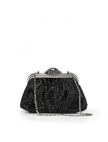 THE LOOKRemovable top chainFrame top pouch silhouetteJet black crystals alloverVintage brooch-inspired clasp closure with hematite-color and pearlescent crystalsOne inside open pocketInside logo detailTHE MEASUREMENTTop chain, 9 drop7½W X 5H X 2½DTHE MATERIALCrystalsViscose/silk liningORIGINMade in Italy THE LOOKRemovable top chainFrame top pouch silhouetteJet black crystals alloverVintage brooch-inspired clasp closure with hematite-color and pearlescent crystalsOne inside open pocketInside logo detailTHE MEASUREMENTTop chain, 9 drop7½W X 5H X 2½DTHE MATERIALCrystalsViscose/silk liningORIGINMade in Italy