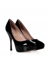 Finish your outfit on a sharply tailored note with Valentinos jet black patent leather platform pumps - Pointed almond toe, platform, slips on - Stiletto high-heel - Wear with everything from ankle jeans and pullovers to party dresses