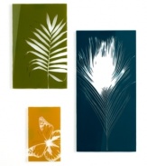 Feel at ease among serene images of a fern, feather and butterfly, each screen-printed and silhouetted by rich earth tones. From Umbra.