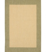 Step outside the box and create a cozy backyard retreat with this all-weather area rug, suitable for indoor and outdoor use. Full-framed with a natural-green border and beige ground, thin stripes crisscross to create an textured grid pattern, adding an unexpected touch of warmth to stone entryways, patio decks and outdoor gathering areas. Pet friendly and resistant to mold and mildew.