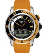 Keeping you in touch at any depth. The Tissot Sea Touch watch features an orange rubber strap and round stainless steel case. Black and orange bezel. Black chronograph dial with orange stick indices, logo, digital sub dial, alarm, compass, thermometer and dive log. Quartz movement. Water resistant to 200 meters. Two-year limited warranty.