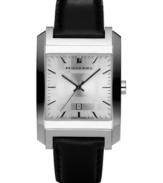 This Burberry timepiece features a black leather strap and square stainless steel case. Etched silvertone dial with silvertone stick indices, logo and date window. Swiss made. Quartz movement. Water resistant to 50 meters. Two-year limited warranty.