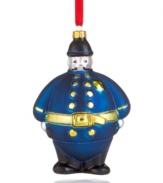 Appearing first in 1947 and now, as an official balloon for Macy's Thanksgiving Day Parade, Harold the policeman salutes officers everywhere. In glass with glitter detail, his collectible ornament commands attention in any Christmas tree.