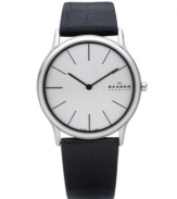 Get there in the nick of time with the ultra-slim design of this modern watch by Skagen Denmark. Black croc-embossed leather strap and round stainless steel case. Silver tone dial features black stick indices, two hands and logo. Quartz movement. Water resistant to 30 meters. Limited lifetime warranty.