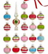There's no better time to get nostalgic. A hand-painted tree topper and ball ornaments reminiscent of Kurt Adler's original 1940's designs recall beautiful memories of Christmas past. Featuring pastel stripes and traditional holiday colors on glistening silver.