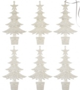 Glistening with top-to-trunk glitter, these snowy white tree ornaments bring an understated grace to any holiday setting.
