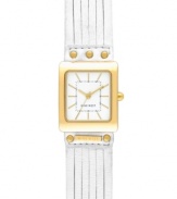Lighten up with the golden shine of this refined and feminine Nine West watch. Crafted of white cut leather strap and square gold tone mixed metal case. White dial features gold tone applied stick indices, minute track, gold tone hour and minute hands, sweeping second hand and logo at six o'clock. Quartz movement. Limited Lifetime Warranty.