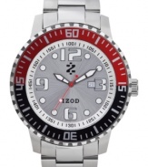 A bold color combo of red and black adds a modern touch to this classic steel watch from Izod.
