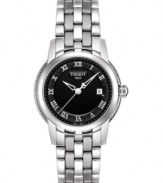 A stately watch with international appeal, by Tissot. Stainless steel bracelet and case. Etched black dial with logo, date window and silvertone roman numerals. Swiss made. Quartz movement. Water resistant to 30 meters. Two-year warranty.
