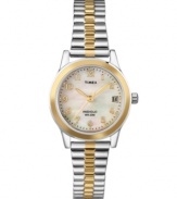 Timex pairs this always classic design with a luminous dial for exquisite effect. Watch crafted of two-tone stainless steel expansion bracelet and round silvertone mixed metal case with goldtone bezel. Mother-of-pearl dial features goldtone numerals and dot markers, printed black minute track, date window at three o'clock, goldtone hands and logo. Quartz movement. Water resistant to 30 meters. One-year limited warranty.
