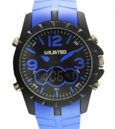 Hit the ground running. Athletic-inspired watch by Unlisted crafted of blue polyurethane strap and round matte black mixed metal case with turning bezel. Black dial features blue numerals and stick indices, minute track, three blue-accented hands, logo and negative display digital dial. Quartz movement. Splash resistant. Two-year limited warranty.