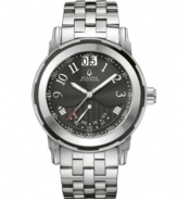 A unique take on essential functions defines this Exeter collection watch by Bulova Accutron. Stainless steel bracelet and round case with sapphire crystal. Black dial features silver tone numerals at markers, minute track, date window at twelve o'clock, day window at six o'clock, luminous hands and logo. Swiss quartz movement. Water resistant to 50 meters. Five-year limited warranty.