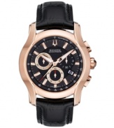 Showcase your standard for excellence with this handsome Stratford collection watch by Bulova Accutron. Black croc-embossed leather strap and round rose gold tone stainless steel case with curved sapphire crystal. Black chronograph dial features tachymeter scale, rose gold tone stick indices, minute track, date window at four o'clock, three subdials, luminous hands and logo. Swiss quartz movement. Water resistant to 50 meters. Five-year limited warranty.