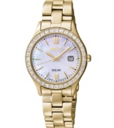 A shimmering and golden Solar collection watch from Seiko that harnesses natural light for lasting precision.