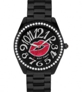 This kiss is on your list. Betsey Johnson's darling watch features large numerals and swirling crystal accents.