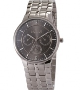 A sleek watch from Skagen Denmark, with understated sophistication in gunmetal stainless steel. Stainless steel bracelet and round case. Round charcoal dial with three subdials, logo and stick indices. Quartz movement. Water resistant to 30 meters. Limited lifetime warranty.
