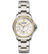 Equip yourself for life's adventures with this versatile, go-anywhere Officer's XS watch by Victorinox Swiss Army. Two-tone stainless steel bracelet and round case. Goldtone bezel with anti-reflective sapphire crystal. Mother-of-pearl dial features applied goldtone numerals at markers, date window at six o'clock, luminous hands and logo at twelve o'clock. Swiss quartz movement. Water resistant to 100 meters. Three-year limited warranty.