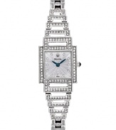 Outshine the brightest stars with this glittering watch by Bulova. Stainless steel bracelet and square case embellished with crystal accents. Stamped silver tone dial features crystal accent markers, two royal blue hands and logo at twelve o'clock. Quartz movement. Water resistant to 30 meters. Three-year limited warranty.