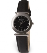A sleek, feminine watch from the fine jewelry maker Skagen Denmark, this watch features generously textured leather and touches of crystal accents. Black leather strap. Silvertone stainless steel round case and round black dial with logo and crystal accent indices. Quartz movement. Water resistant to 30 meters. Ten-year limited warranty.