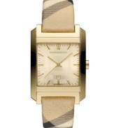 This Burberry timepiece features a Haymarket check printed leather strap and square gold ion-plated stainless steel case. Gold tone sunray dial features check pattern, applied gold tone stick indices, black minute track, date window at six o'clock, three hands and logo. Swiss quartz movement. Water resistant to 50 meters. Two-year limited warranty.