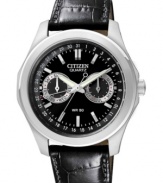 A finishing touch for business suits and vacation attire alike. This handsome Citizen watch features a multi-function dial and rich black leather.
