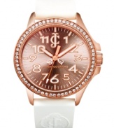 Sparkling accents, crisp white hues and rosy color create this chic Jetsetter watch from Juicy Couture.