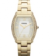 Glistening crystals trace the golden silhouette of this Wallace collection watch, by Fossil.