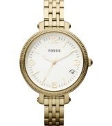 A slim bracelet silhouette holds a large case on this Heather collection watch, by Fossil.
