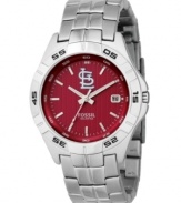 Show your St. Louis Cardinals loyalty every second of the day with this signature team watch from Fossil. Stainless steel bracelet and round case. Bezel embossed with black numerals. Red striped dial features St. Louis Cardinals logo, silver tone stick indices, luminous hands and date window at three o'clock. Quartz movement. Water resistant to 50 meters. Eleven-year limited warranty.