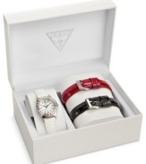 Change your style on the fly with this chic interchangeable watch set from GUESS.