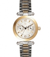 A gorgeous Gc Swiss Made Timepieces watch that radiates sophisticated elegance. Polished goldtone and silvertone stainless steel bracelet and case. Textured guilloché silvertone dial with logo, two subdials and goldtone numerals at 12 and 6 o'clock paired with stick indices. Swiss made. Swiss multifunction movement. Water resistant to 100 meters. Ten-year limited warranty. Luxury Gc gift box packaging included.