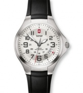 Iconic style appreciated around the world. This Victorinox Swiss Army watch features a black rubber strap and round stainless steel case. Silvertone dial with black numerals, luminous hands, logo, date window and screw-in caseback. Swiss movement. Water resistant to 100 meters. Three-year limited warranty.
