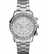 Endless dazzle, by GUESS. This chronograph watch shines with crystal accents and sleek steel.